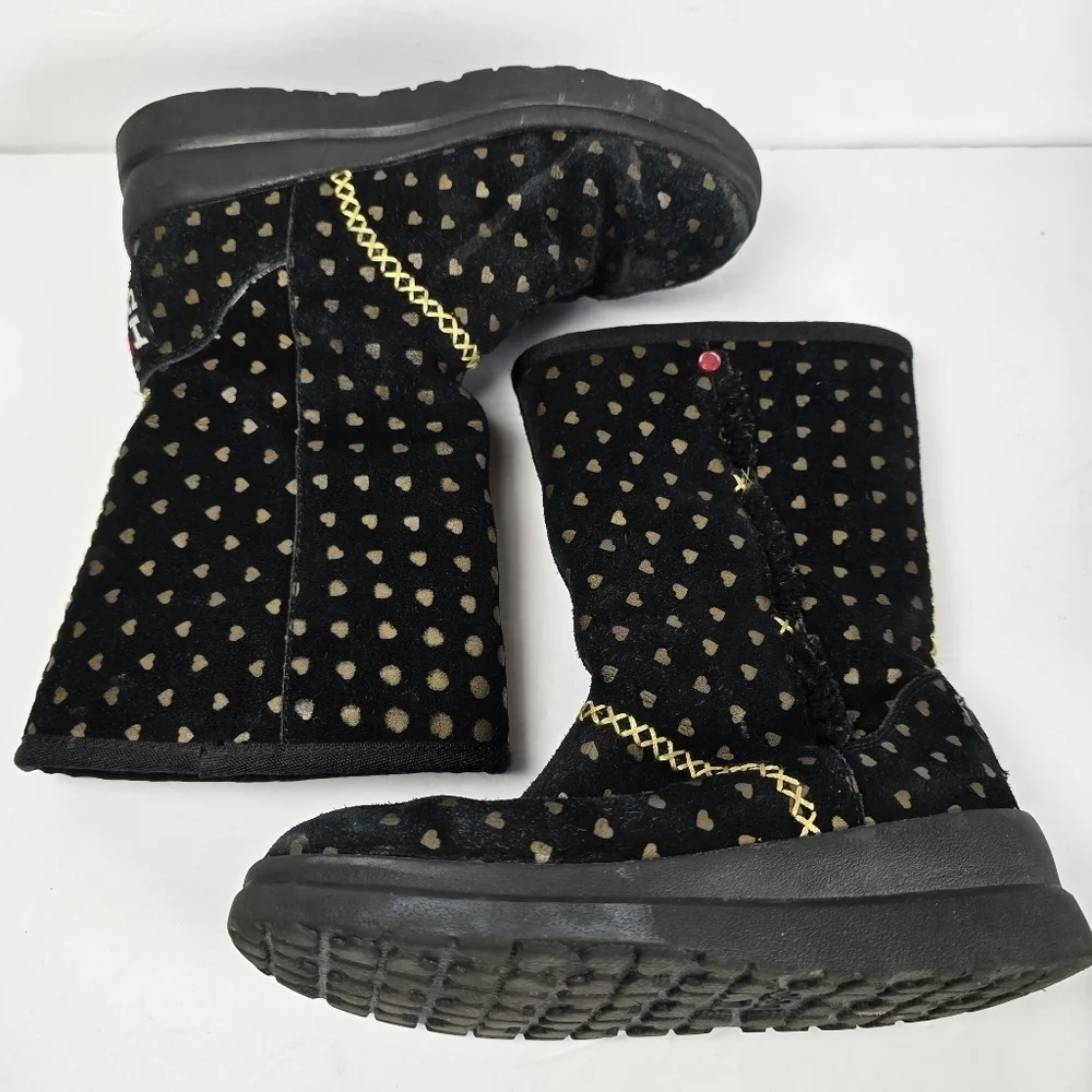 UGG I Heart Girls Black Suede Boots With Gold Hearts/Gold Rope Detail Size 3